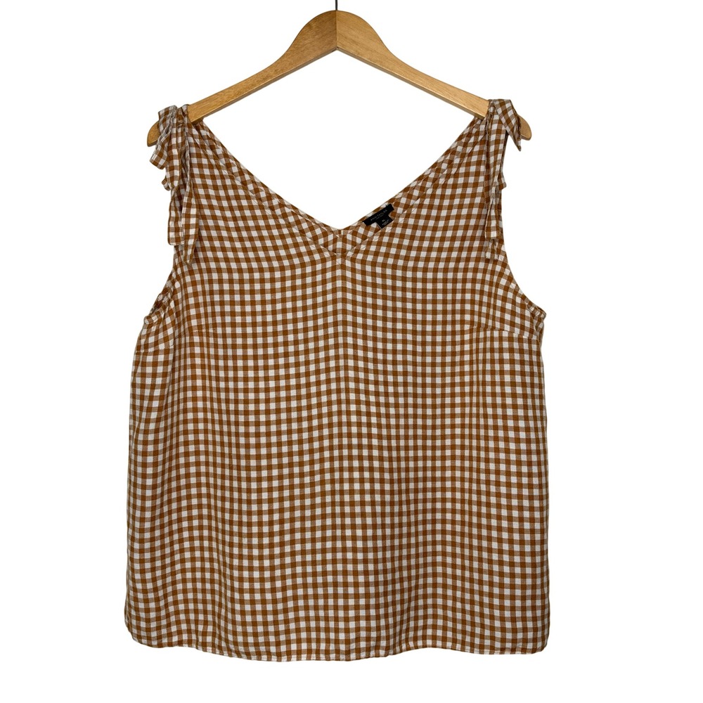 Ann Taylor Gingham Tie Shoulder Tank Top Size XL Brown White Linen Blend V-Neck